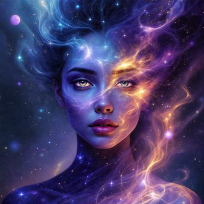 The primary subject of the image is a woman with blue eyes and a purple background. She is depicted with a mix of digital art and illustration, giving her a unique and artistic appearance. The woman's eyes are the focal point of the image, and the overall atmosphere is one of beauty and intrigue.